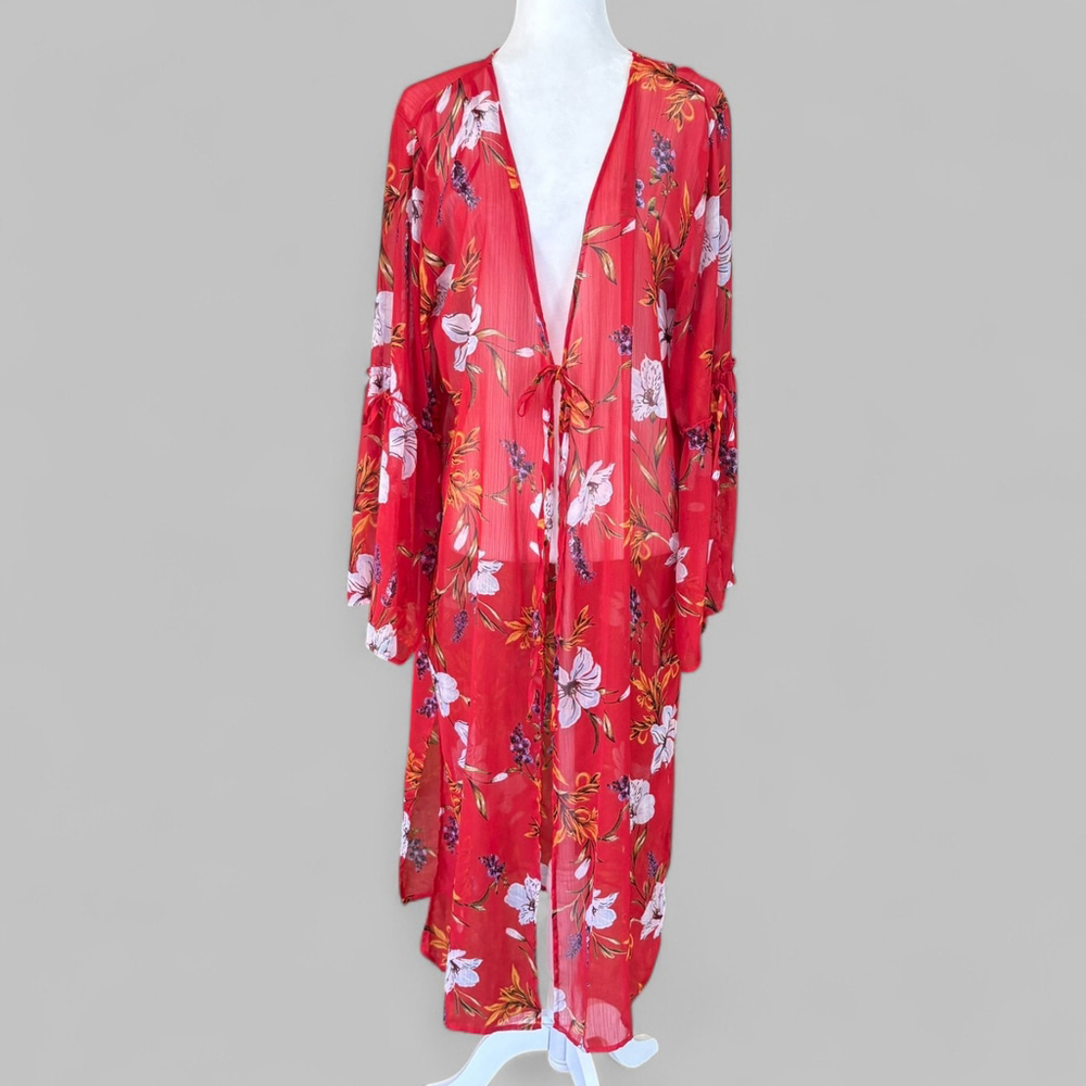 Band of Gypsies Red Floral Sheer Bell Sleeve Cover Up Large